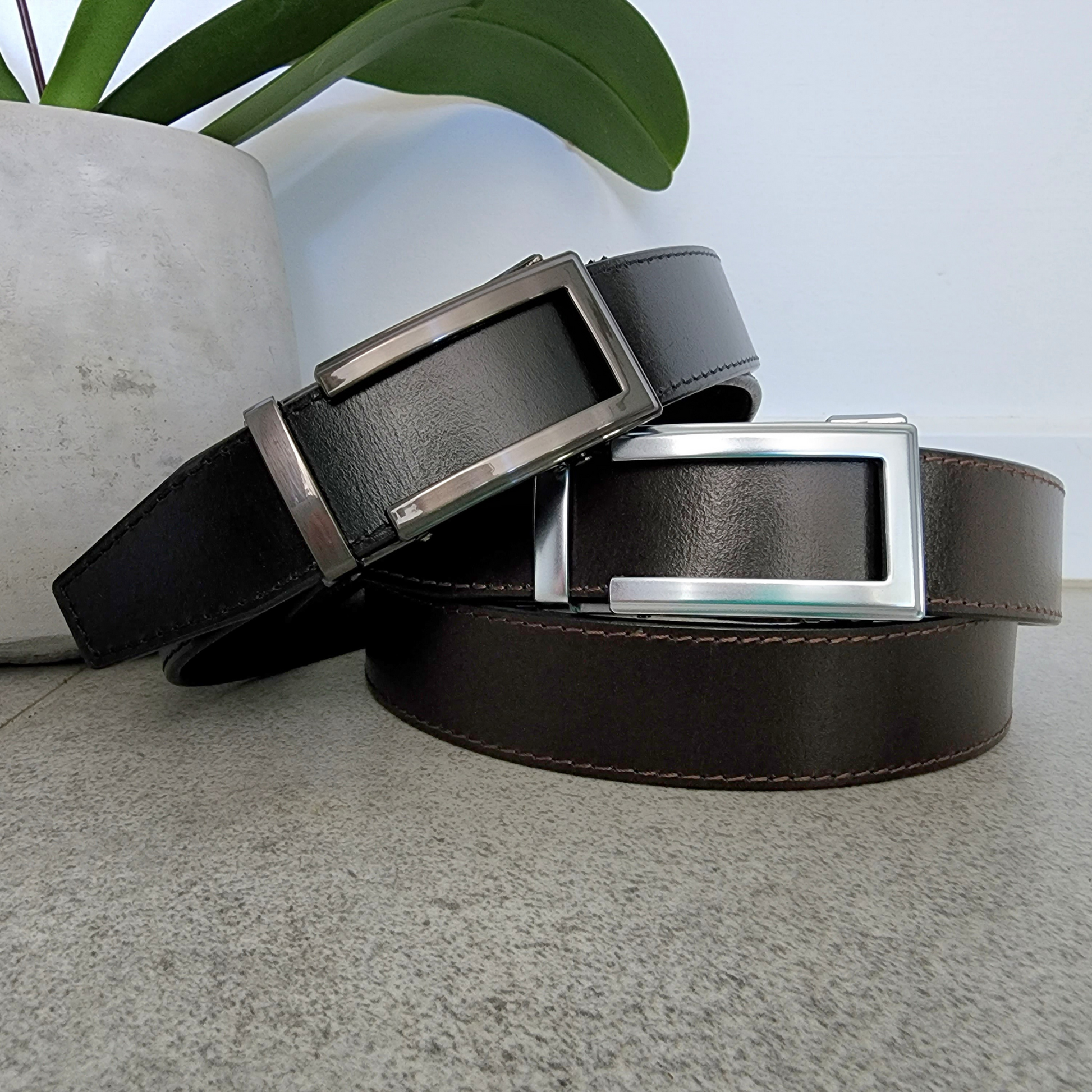 Black Stitched Leather Auto Buckle - 35mm Width - BeltUpOnline
