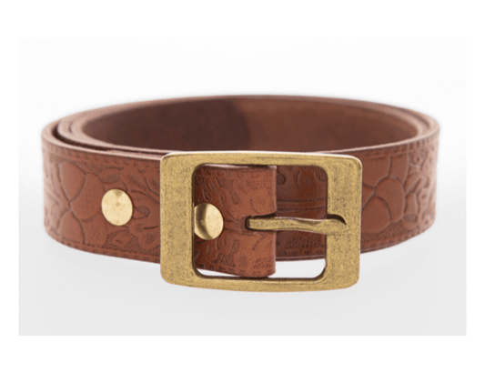 Ladies Embossed Tan, 100%  Leather Belt with Solid Brass Buckle - 32mm Width - BeltUpOnline